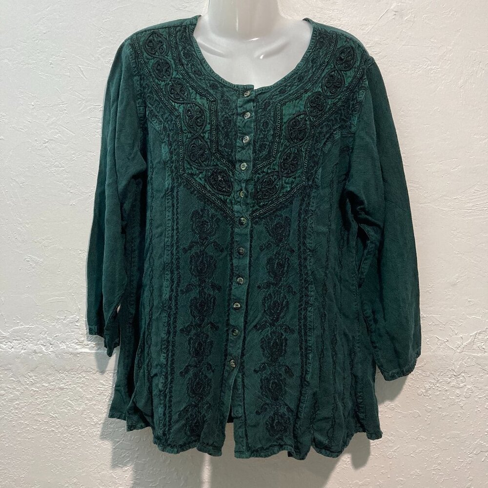 L Pogee Womens Button U Top Long Sleeve Embroidered Boho Blouse Green Tie Back